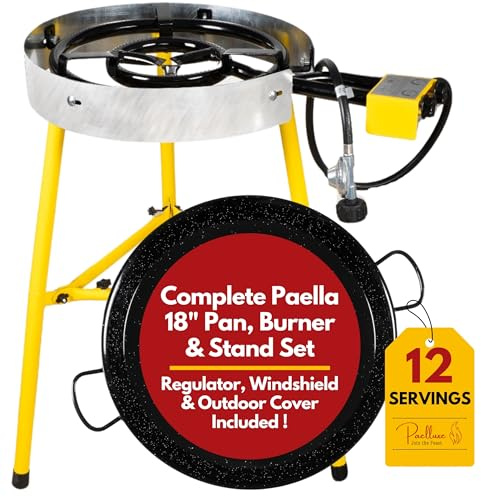 Paelluxe Paella Burner and Stand Set, 12 Servings, 18-Inch Pan, Dual Propane Outdoor Stove with Regulator, Portable Gas Cooker for Crawfish Boil and Camping