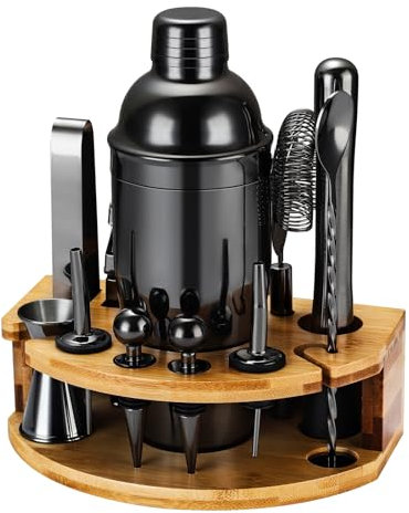 Set Shaker Cocktail Kit Barman con Supporto, Set Barman in Acciaio INOX da 750ML 12 pezzi con dosatore misurino cocktail, Kit Barman Professionale Completo per Home Bar, Regali per Papà (Nero)