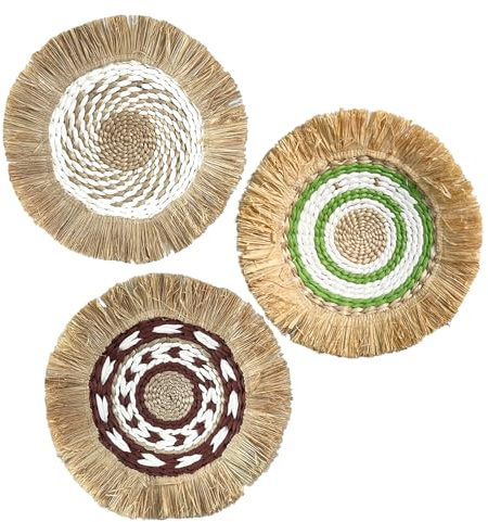Paquete de 3 Cestas de Pared Tejidas para Colgar, Decoración Rústica, Cesta Plana, Arte de Pared, Cesta Redonda Bohemia, Juego de Decoración de Pared para Granja, Salas de Estar, Dormitorio,(#2)