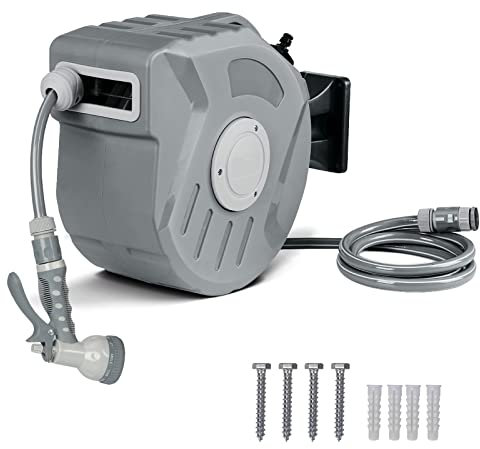 iropro Wall Mounted Retractable Garden Hose Reel with 20M + 2M Hose, 9 in 1 Pattern Nozzle, Automatic Rewind, Grey
