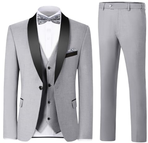 Men Tuxedo Suits for Wedding Prom 3 Piece Slim Fit Suit Jacket Vest Pants Set with Bow Tie Pocket Square Light Grey Suits Dinner Tuxedo Set L
