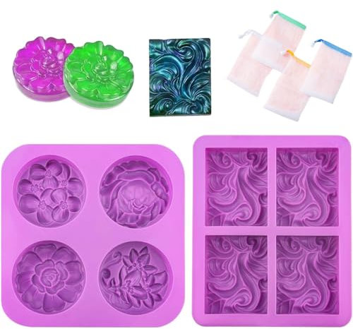 silikonformen gießformen,2 Stück 4 Hohlraum Seifenformen Silikon, Silikonform Seife, mit 4 Schäumendes Netz, Silikonform Blumen, Seife Selber Machen, Seifenstempel, für Seife, Kerzen