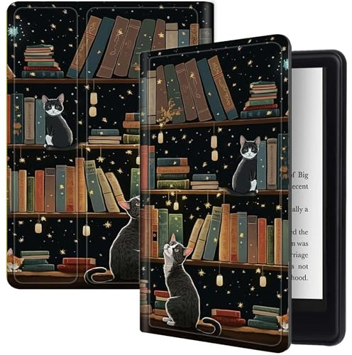 Funda para Kindle Paperwhite de 12ª generación 2024 (7 pulgadas) y Kindle Colorsoft Signature Edition de 7 pulgadas con biblioteca de gatos, funda plegable con múltiples ángulos de visión con apagado