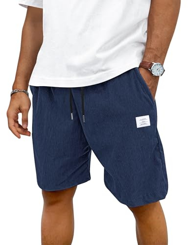 TARAINYA Velours Côtelé Short Homme Coton Stretch Cordon de Serrage été Casual Chino Corduroy Shorts Court Homme avec Poches Bleu foncé L