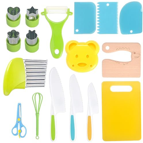 Janety 17 pezzi Coltelli da Cucina per Bambini, coltelli per bambini antitaglio Montessori, incluso coltello in legno tagliere sbucciatore, set regalo per bambini, per tagliare frutta e verdura