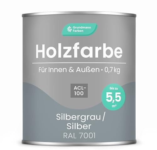 Grundmann Holzfarbe ACL 100 - Holzlack 0,7 Kg Silber - 4in1 inkl. Grundierung - Seidenmatt - Wetterfest für Innen & Außen - RAL 7001 Silbergrau