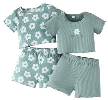 LUVCES 4 Pezzi Set per Bambine Estate Autunno Tinta Unita & Stampa Floreale Manica Lunga/Corta T-shirt e Pantaloni Casual Casa Abbigliamento