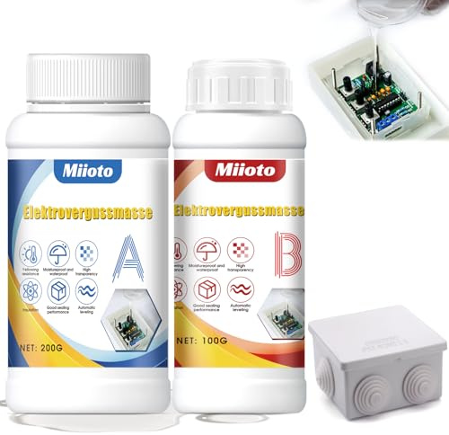 Miioto Gel Isolant Electrique, Gel Etancheite Electrique 300g A+B et Boite Derivation, Mastic de Scellement Électrique, Convient aux Platines, Manchons de Câble, Transparent, Isolant et Imperméable