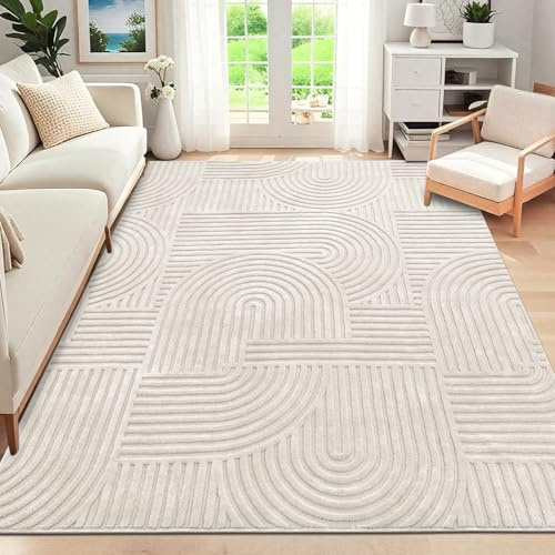 SHACOS Alfombra Grande Beige 200x290cm Pelo Corto Moderna Alfombra Antideslizante Pie de Cama Dormitorio Alfombra Bohemia Habitación Suave Alfombra Decorativa para Sala de Estar