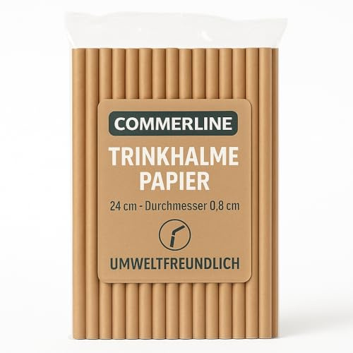 Commerline 100 stycken papperssugrör, sugrör med Ø 8 mm, 24 cm, bruna cocktailsugrör för fester, sugrör av papper för blandade drycker, smoothies, biologiskt nedbrytbara sugrör papper