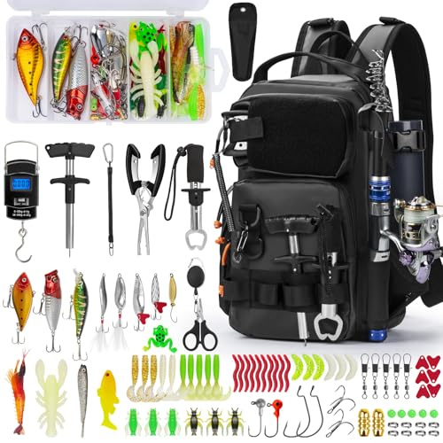 THKFISH Sac à dos de pêche avec support de canne, kit d'outils de pêche, sac résistant à l'eau avec kit de leurres de pêche, boîte de matériel de pêche et ensemble de pinces pour homme et femme (noir