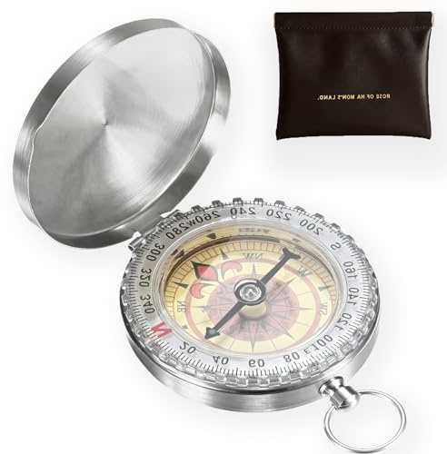 JUXINE Vintage Kompass Zinklegierung Silber - Wasserdichter IPX5 Kompass Ø 50mm - Tragbar für Wandern, Kinder, Backpacking & Outdoor - mit Ledertasche