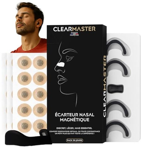 CLEARMASTER Ecarteur Nasal Magnétique - 4 Tailles (S/M/L/XL) - Respiration Améliorée Jour & Nuit - Anti-Ronflement, Sport, Travail, Sommeil - Pack 30 Jours Marque Française