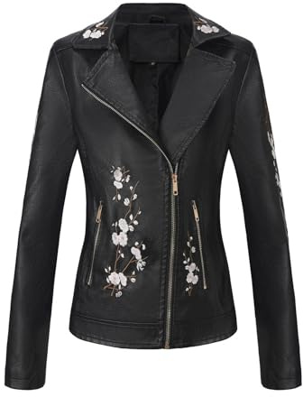 Foweknow Giacca da donna in pelle sintetica da motociclista, con ricamo, con risvolto corto, per primavera, autunno, per le mezze stagioni, a maniche lunghe, slim casual, in similpelle, leggera da