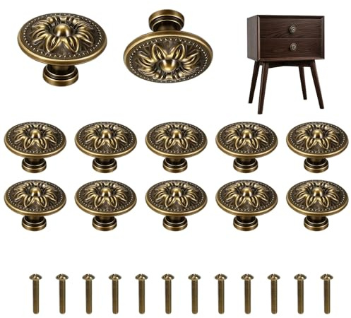 12 Piezas Pomos de Armario Redondo Latón Vintage 32mm – Tiradores de Armarios Vintage Elegantes – Pomos y Tiradores Vintage para Cajones, Cocina, Muebles – Incluye Tornillos