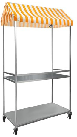 Glassautomatsvagn - Mobbningsbar Stall Display Stand på hjul med randig baldakin för marknadsliv och evenemang