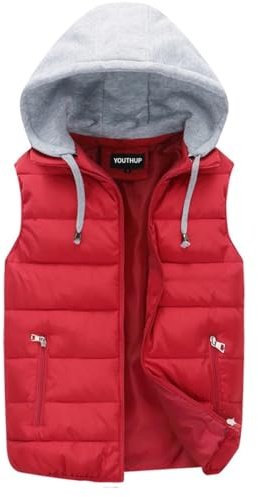 YOUTHUP Ytterkläder västar vinter vadderad väst med huva tjock puffer, quiltad kroppsvärmare ärmlös jacka, Röd, XS