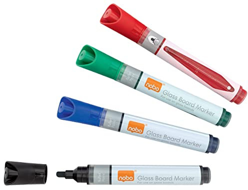 Nobo Liquid Ink Glass Whiteboard Pens, 3mm Bullet Tip, 4 Pack, Dry Erase Markers, Assorted Colours, 1905324