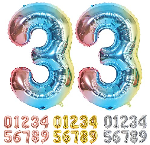 Ponmoo Foil Balloon Number 33 Gradient Blue, Giant Numbers 0 1 2 3 4 5 6 7 8 9 10-19 20-29 30-39 40-49 50-60-70-80-90-100, Large Balloons for Wedding Anniversary Birthday Party Decoration