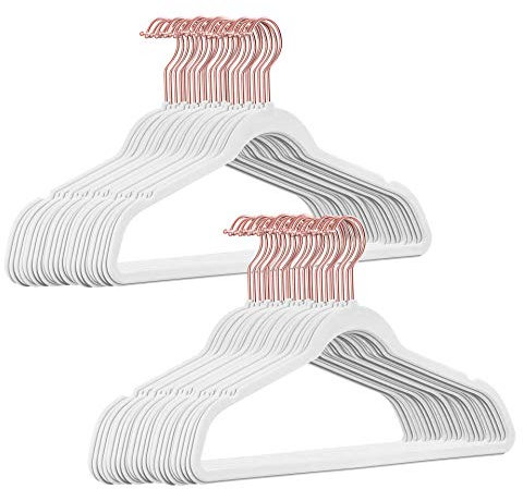 50 Stück hochwertige Samt Kleiderbügel in der Farbe Weiß mit Rosegold Look Haken/Anti-Rutsch/von StickandShine