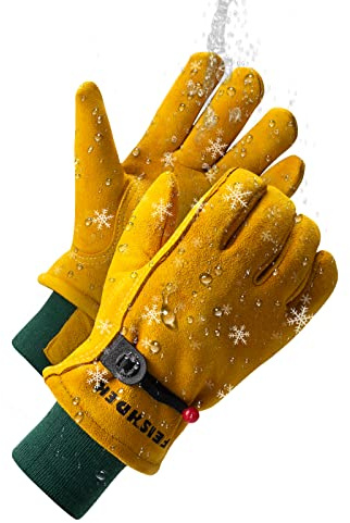 FEISHDEK Kids Winter Waterproof Gloves, Deerskin Suede Leather, Insulated Windproof Cold Weather Children Winter Work Gloves Age 5-7, Girls Boys Snow Ski Gloves for Keep Warm