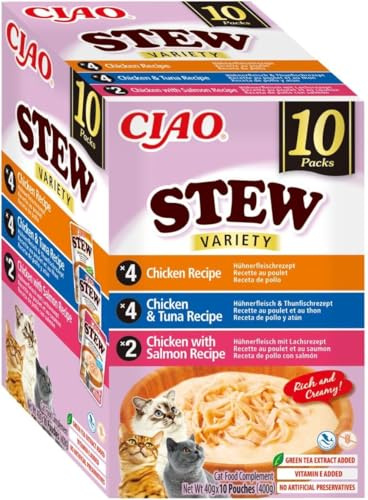 INABA Ciao Stew kattgodis med högkvalitativa ingredienser, rik på fukt och protein, lågt kaloriinnehåll, utan spannmål eller socker 40 g (paket med 10)