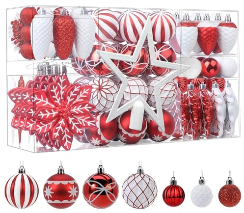 SHareconn 106PCS Christmas Balls Ornaments Set, Colorful Shatterproof Plastic Decorative Baubles for Xmas Tree Decor Holiday Wedding Party Decoration with Hanging Hooks, Red & White