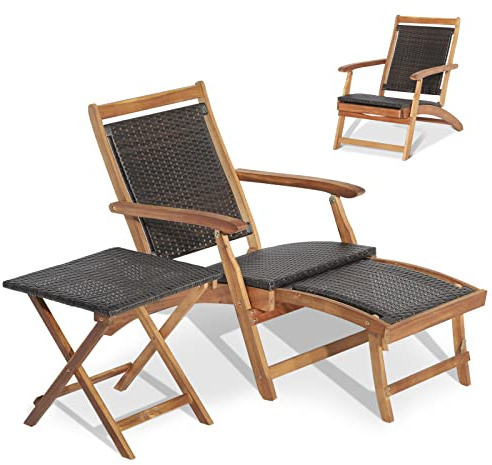 COSTWAY Folding Sun Lounger, Acacia Wood Rattan Deck Chair with Retractable Footrest, All-Weather Outdoor Chaise Lounge Patio Sunbed for Garden, Balcony and Poolside (Brown, with Wicker Side Table)