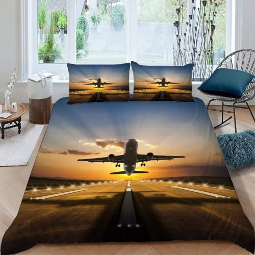 MOXINO Flugzeug Bettwäsche 155x220 cm 3teilig Sonnenuntergang Landschaft Bettbezüge für Teenager Jungen Mädchen Einzelbett Mikrofaser Bettbezug Sommer Warm Weiche Bettwaren mit 2 Kissenbezüge 80x80