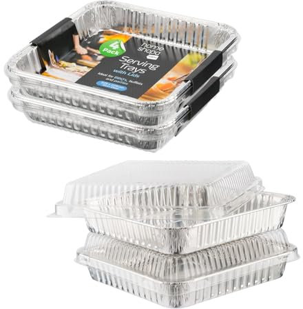 Homeshopa Aluminium Foil Food Storage Containers with Plastic Lids, 4 Pack Square Disposable Meal Prep Takeaway Foil Tray, Reusable Tin Foil for Cooking, Baking, Roasting Broiling, Serving