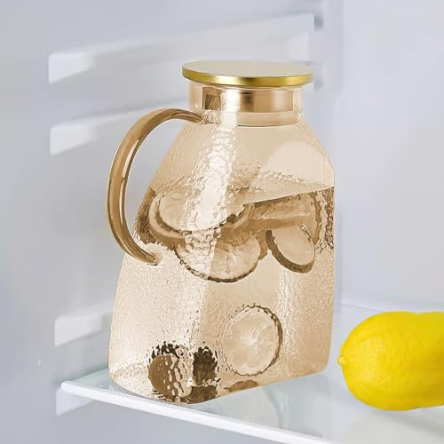 Carafe en verre 1500 ml, pichet en verre avec couvercle en acier inoxydable, carafe à eau en verre durable, carafe réfrigérante pour thé glacé, eau chaude et froide, café, lait, jus (ambre)