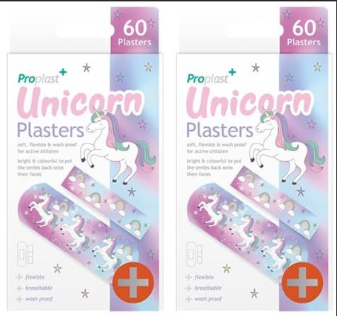 x2 ProPlast Unicorn Childrens Kids Colourful Plasters, Assorted Sizes - Pack of 60 (Total 120 Plasters)