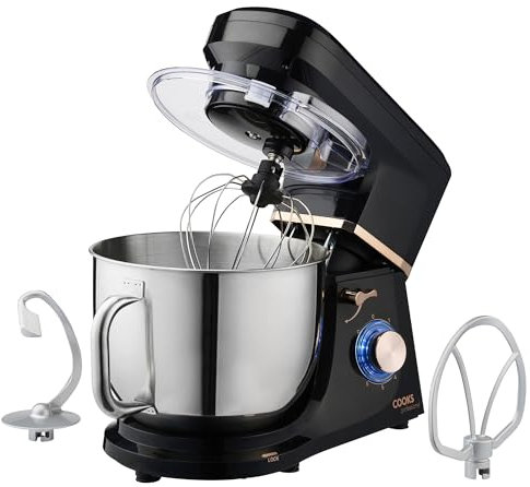 Cooks Professional Stand Mixer 1200W with 6 Speeds & Pulse, 7L S-Steel Mixing Bowl, Splash Guard, Whisk, Beater & Dough Hook | Electric Kitchen Mixer for Cakes, Bread, Baking | Black & Rose Gold