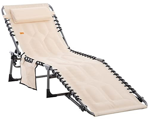 Outsunny Sonnenliege, klappbar Gartenliege mit Kopfkissen, Seitentasche, Liegestuhl mit 5-Fach verstellbare Rückenlehne, wetterfeste Campingliege bis 130 kg belastbar, für Garten Strand Pool, Beige