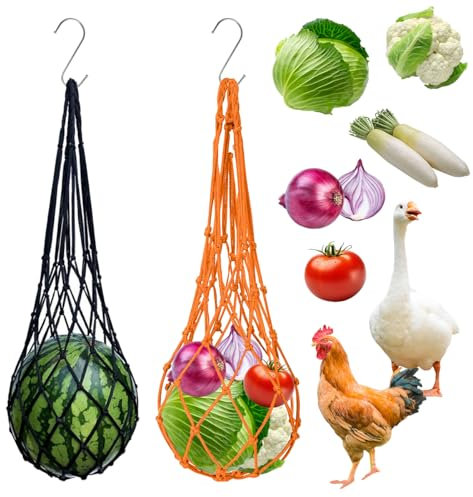 2 Stück Hühner Futternetz zum Aufhängen, Hähnchen Futterautomat Nylon Fütterungs Netzbeutel Hühnerfutter Netzbeutel Hühner Gemüse Hängende Futterautomat für Enten Gänse Vögel (Schwarz+Orange）