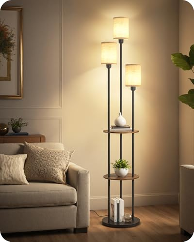 GOEBLESON 70.9 Floor Lamp with Shelves, Modern Floor Lamp with 3 Linen Shades and Foot Switch, 3-Light Standing Lamp, for Living Room, Bedroom, Study, Office, Rustic Brown and Beige EF53LD05