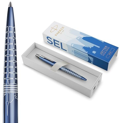 Parker Jotter Stylo bille | Édition spéciale | Bleu Séoul avec finition chrome | Pointe moyenne | Encre bleue | Coffret cadeau géométrique