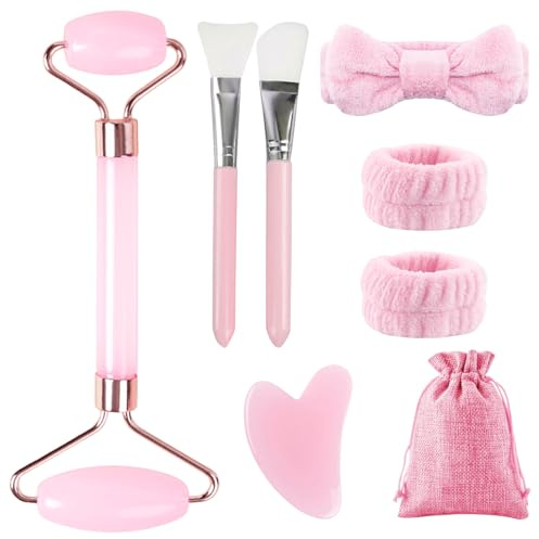 BORISCA 8 Pezzi Gua Sha Viso Kit, Rullo Massaggio Viso, Rullo di Giada e Pietra Guasha, Guasha Viso Pietra Giada per Lenisce i Muscoli (Rosa)