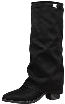 Botas de mujer de pantorrilla media con hebilla de ante de moda, puntera puntiaguda, botas altas hasta la rodilla, botines cómodos con tacón para otoño e invierno, ropa casual al aire libre, Negro