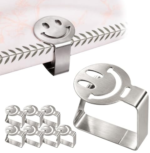 FamlTol Sujeta Manteles de Mesa Pinzas para Mantel 8Pcs Acero Inoxidable 304 Antideslizante Reutilizable para Familia Camping Jardín Terraza Playa Cocina Exterior Clips Mesa Diseño Sonriente