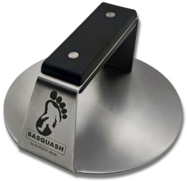 Sasquash Smash Burger Press, Heavy Duty Welded Meat Press Round, 6 Inch Stainless Steel, Flat Handle Hamburger Smasher Tool for Grill, Skillet, Cast Iron Cooking, Kitchen Accessories