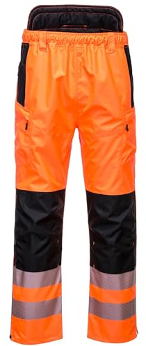 Portwest PW342 PW3 Men's Hi-Vis Extreme Waterproof Rain Trousers with Pockets - Reflective High Viz Outdoor Safety Workwear, Orange/Black, M