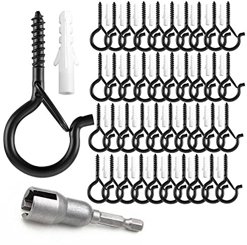 TAIHUIMY Screw Hooks Q-Hanger Hooks for Outdoor String Lights, Christmas Rope Lights Clips, Wall Cabinet Ceiling Eye Hook with Safety Buckle for Wire Party Light Plants Wind Chimes (Black, 40PCS)
