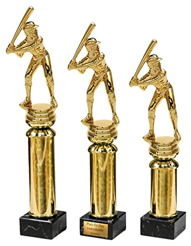 eberin – Baseball Pokal Trophäe Award – in 3 Größen – Baseballschläger & Spieler auf Goldsäule - Marmor schwarz – individuelle Gravur möglich – Elegante Auszeichnung