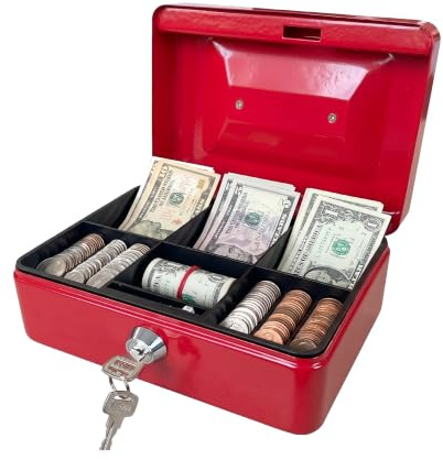 Requisite Needs Metal Money Box Tin 6 Steel Cash Safe Box Petty Cash Deposit Tin with Lock 2 Keys for Security (Red)