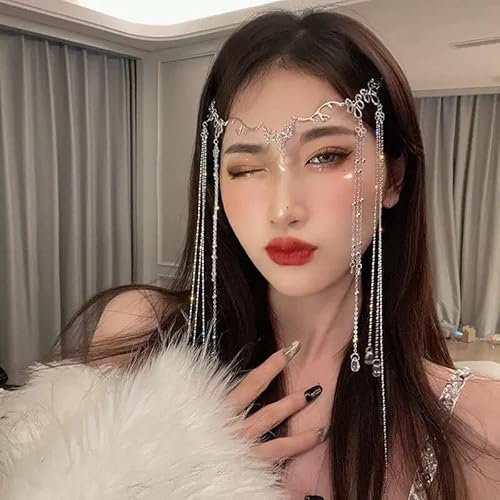 fdsmall Frauen Stirnband Kopf Kette Wassertropfen Kopf Kette Kopfbedeckung Fee Haar Ornamente Stirn Kette Kristall Stirnband Haarbekleidung Lange Quaste Kopfschmuck Kopfschmuck (01)