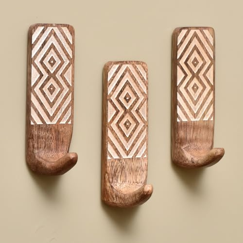 Indian Shelf Boho Wood Adhesive Wall Hooks - 3 Pack Decorative Peel and Stick Key Hooks - Unique Wall Hangers for Bathroom & Entryway(Style 3)