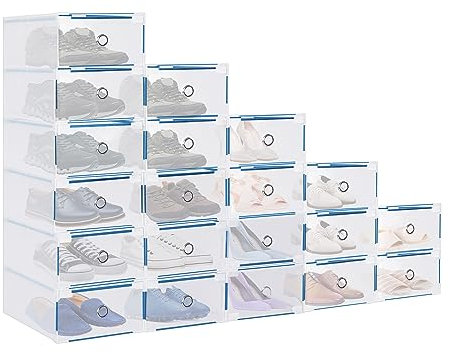 Youyijia 20pcs Clear Shoe Boxes Foldable Shoe Organiser Plastic Shoe Storage Box Transparent Drawer Stackable Storage Cabinet 31 x 20 x 11cm for Shoes File Dress or Toys Storage