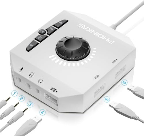 Externe Soundkarte, PHOINIKAS T10 USB Audio Adapter für PC Windows, Mac, Linux, Laptops, Desktops, Stereo Soundkarte mit 3,5mm Schnittstelle & USB Schnittstelle, Plug & Play (6-in-1, Weiß)