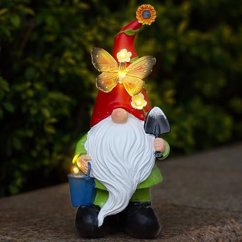 Arecyuer Gnomes Garden Statues Decor, Solar Waterproof Large Gnome with LED Lights Funny Garden Sculptures Outdoor Patio Yard Decorations Lawn Ornaments Gifts for Women Mom